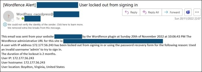 wordfence email banning an IP using admin